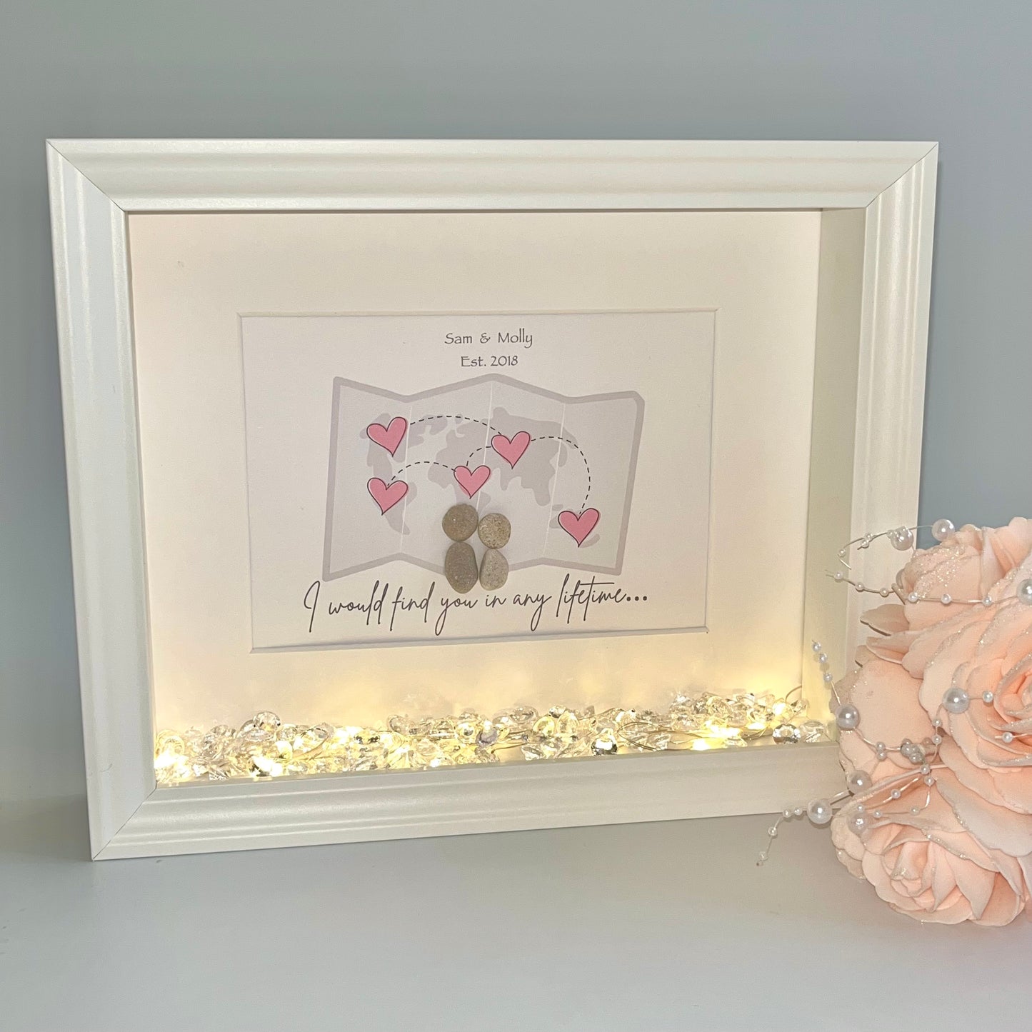 Long distance couples personalised pebble art picture frame