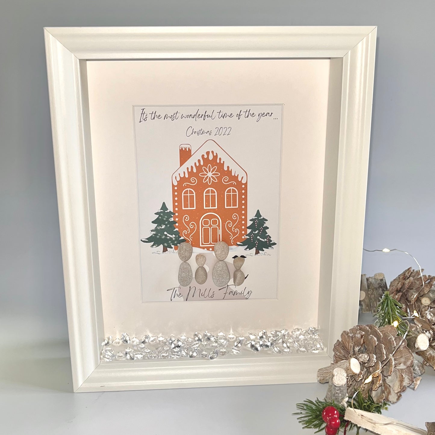 Gingerbread house personalised Christmas pebble art family stone people gift