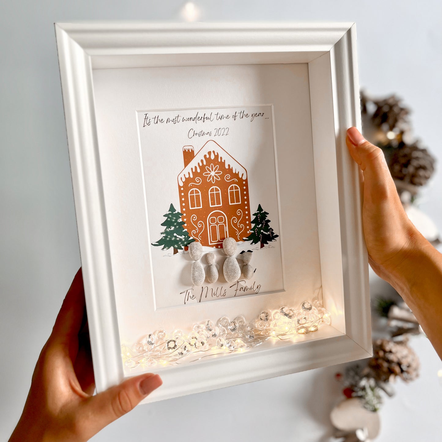 Gingerbread house personalised Christmas pebble art family stone people gift