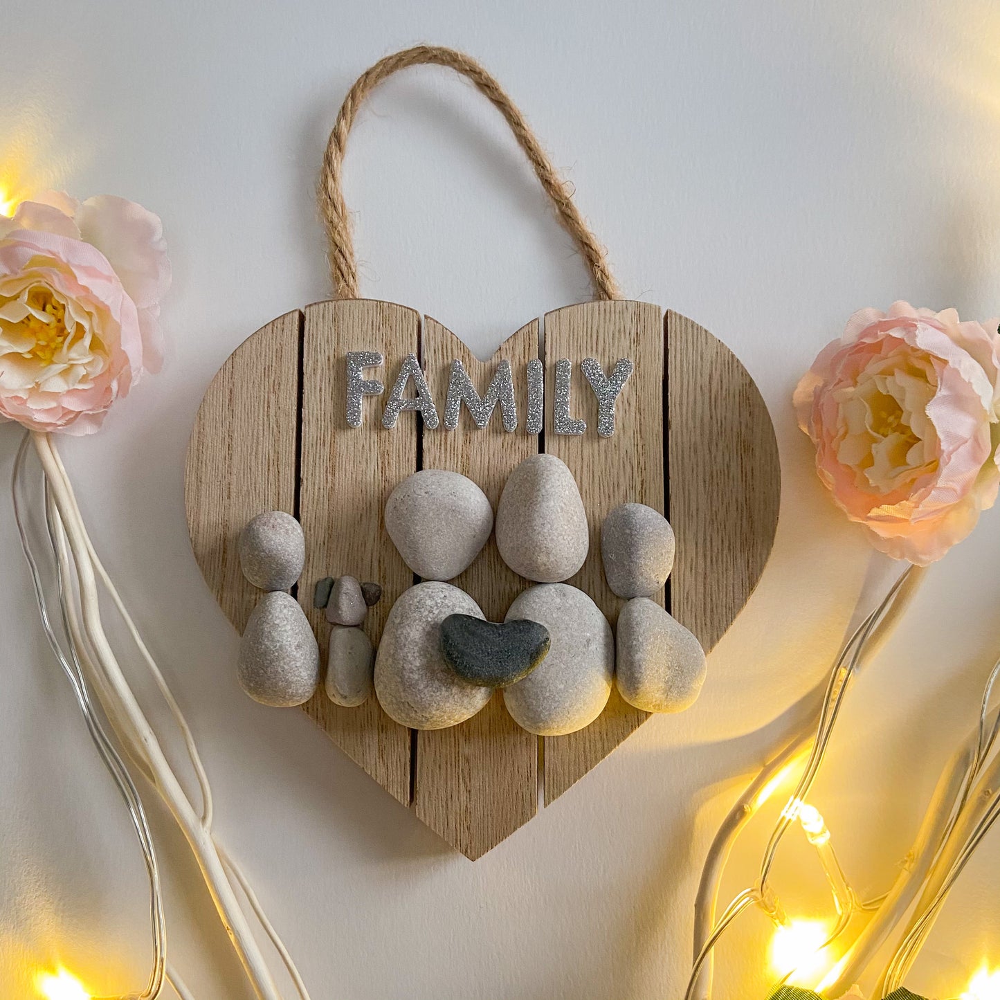 Family heart name hanging heart plaque pebble art gift