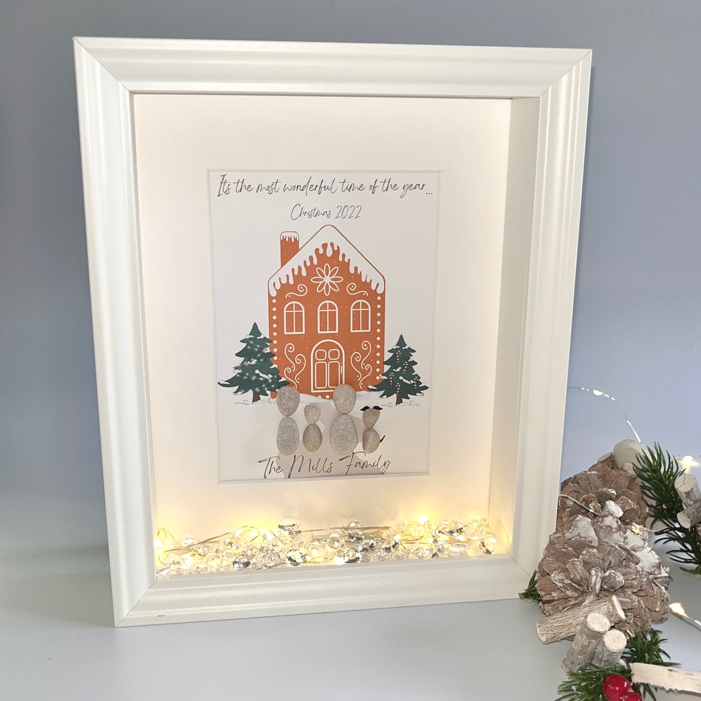 Gingerbread house personalised Christmas pebble art family stone people gift