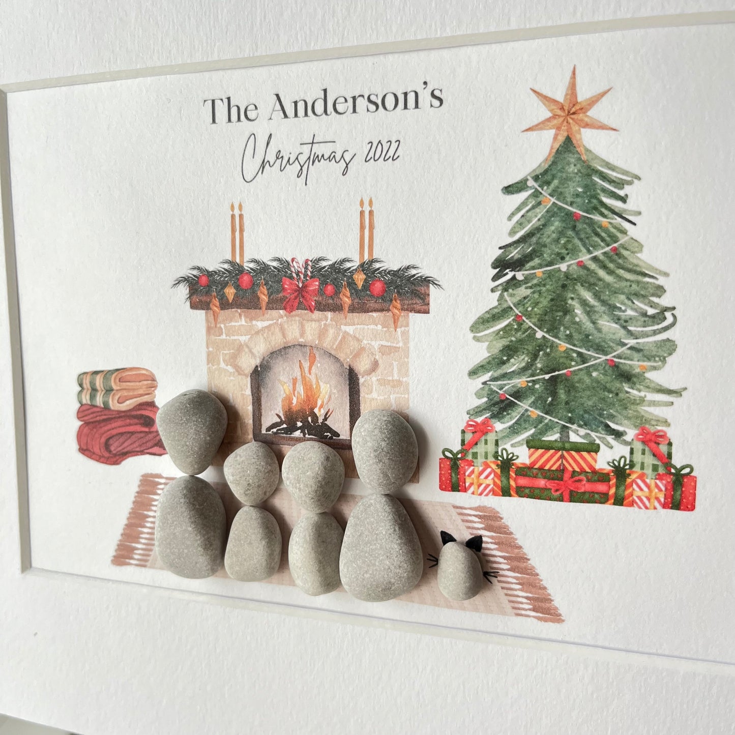 Fireplace Christmas themed family pebble art picture personalised stone people frame