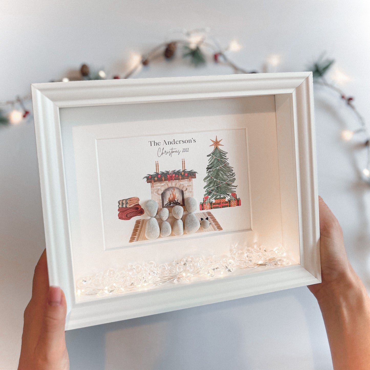 Fireplace Christmas themed family pebble art picture personalised stone people frame