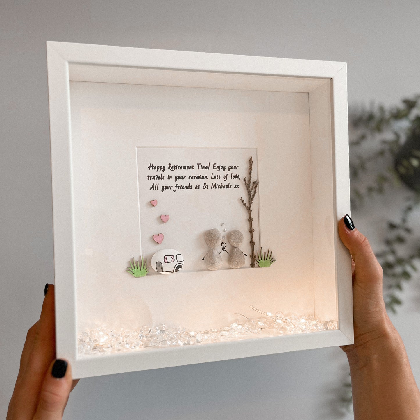 Caravan retirement personalised pebble art picture frame