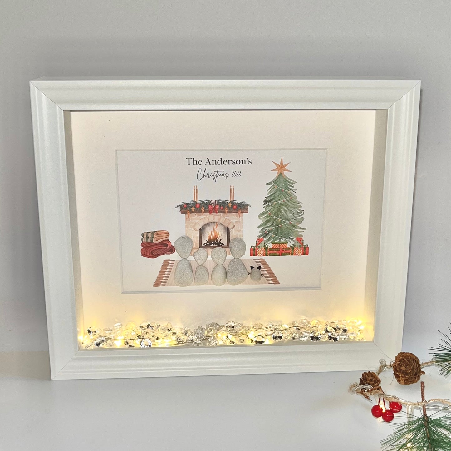 Fireplace Christmas themed family pebble art picture personalised stone people frame