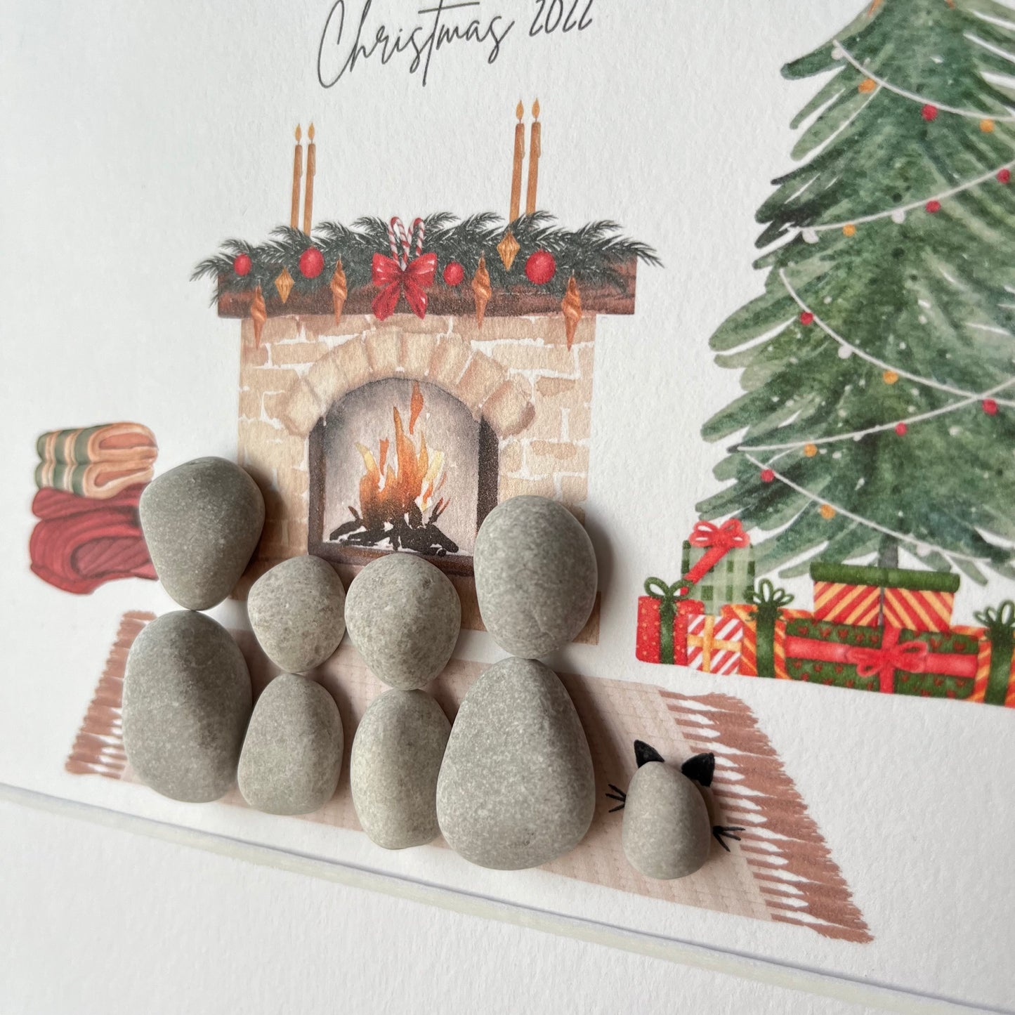 Fireplace Christmas themed family pebble art picture personalised stone people frame