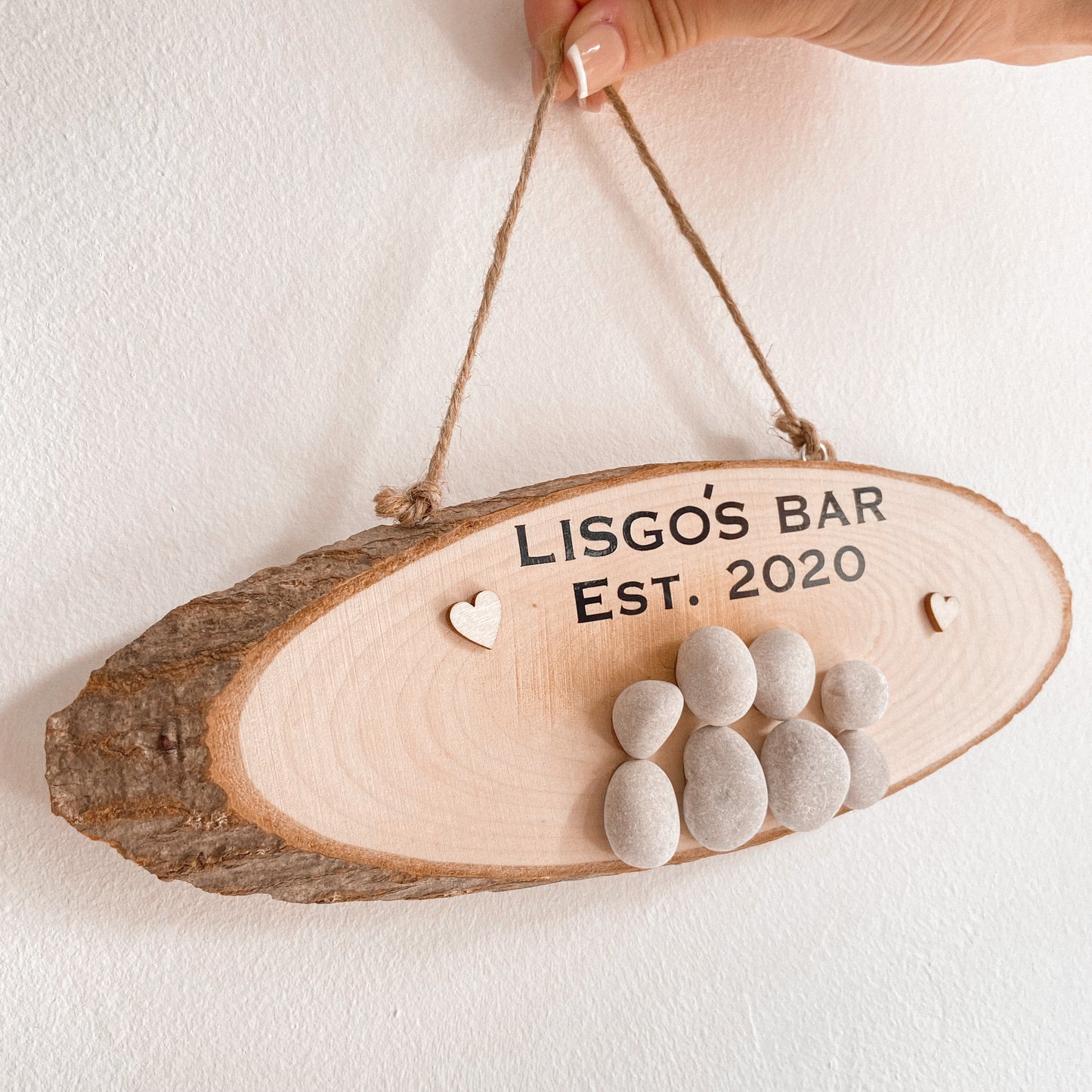 Indoor family name wooden bar sign personalised pebble art hanging pub sign