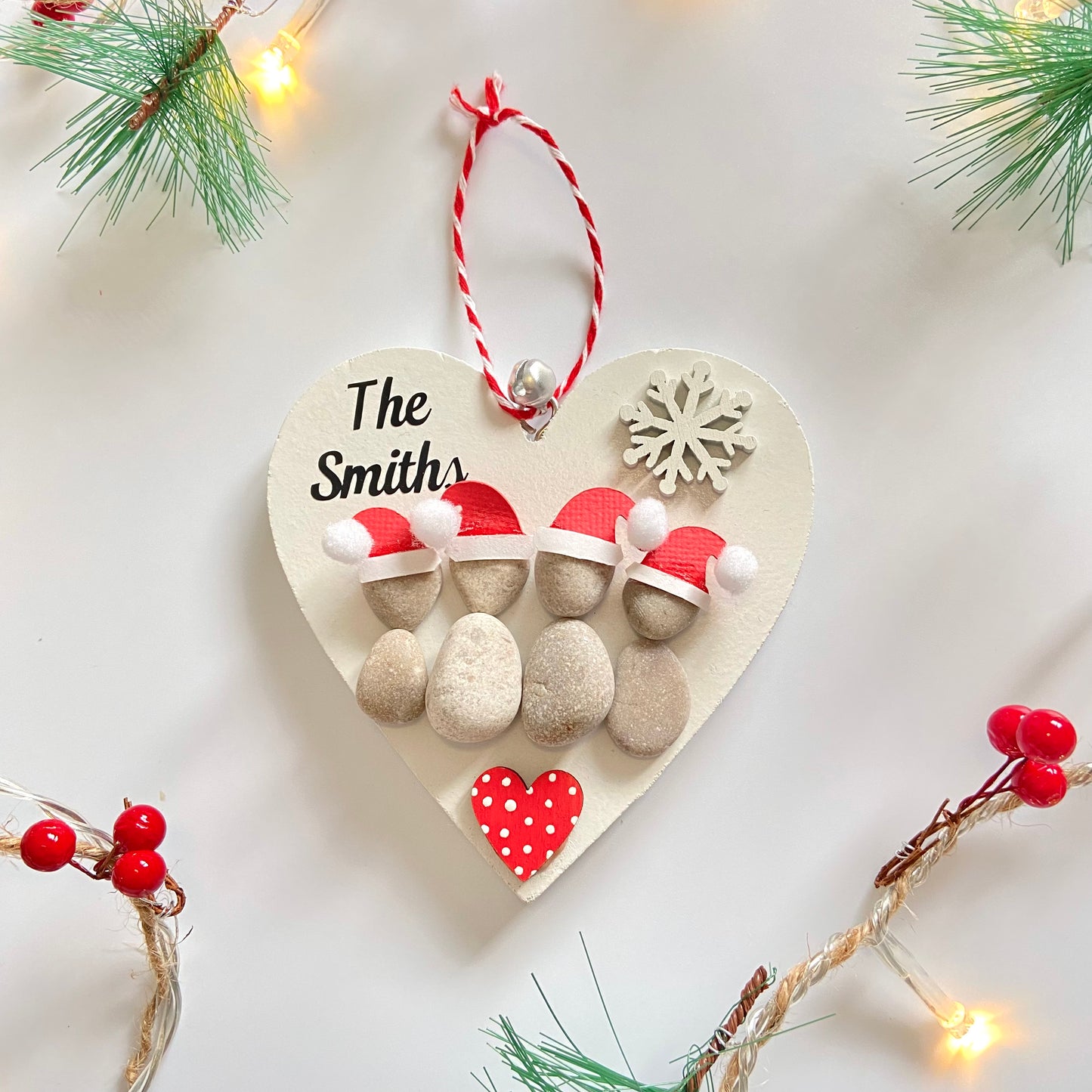 Family heart Christmas tree pebble art decoration personalised stone people