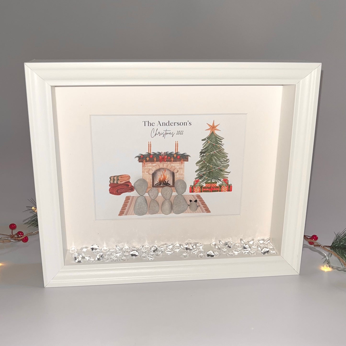 Fireplace Christmas themed family pebble art picture personalised stone people frame