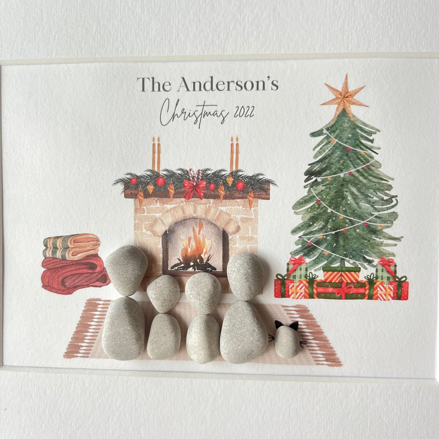 Fireplace Christmas themed family pebble art picture personalised stone people frame