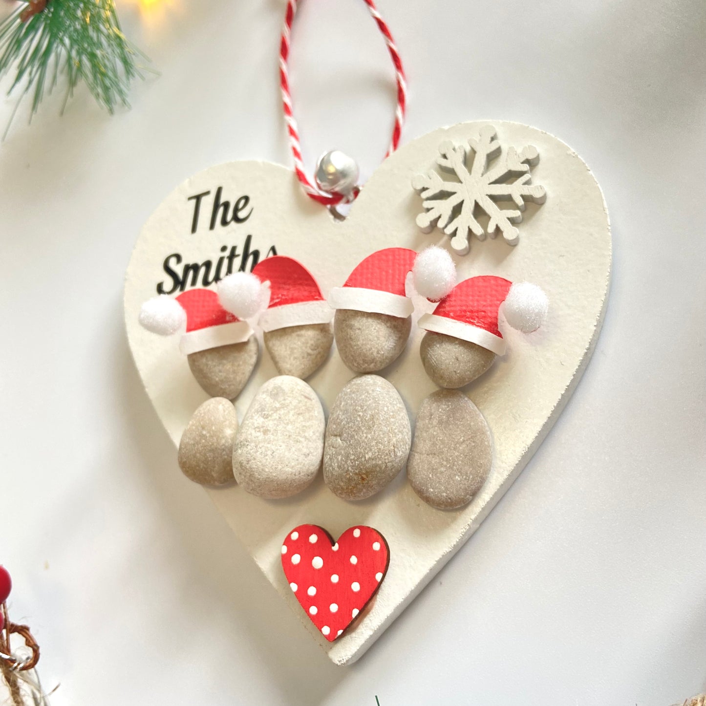 Family heart Christmas tree pebble art decoration personalised stone people