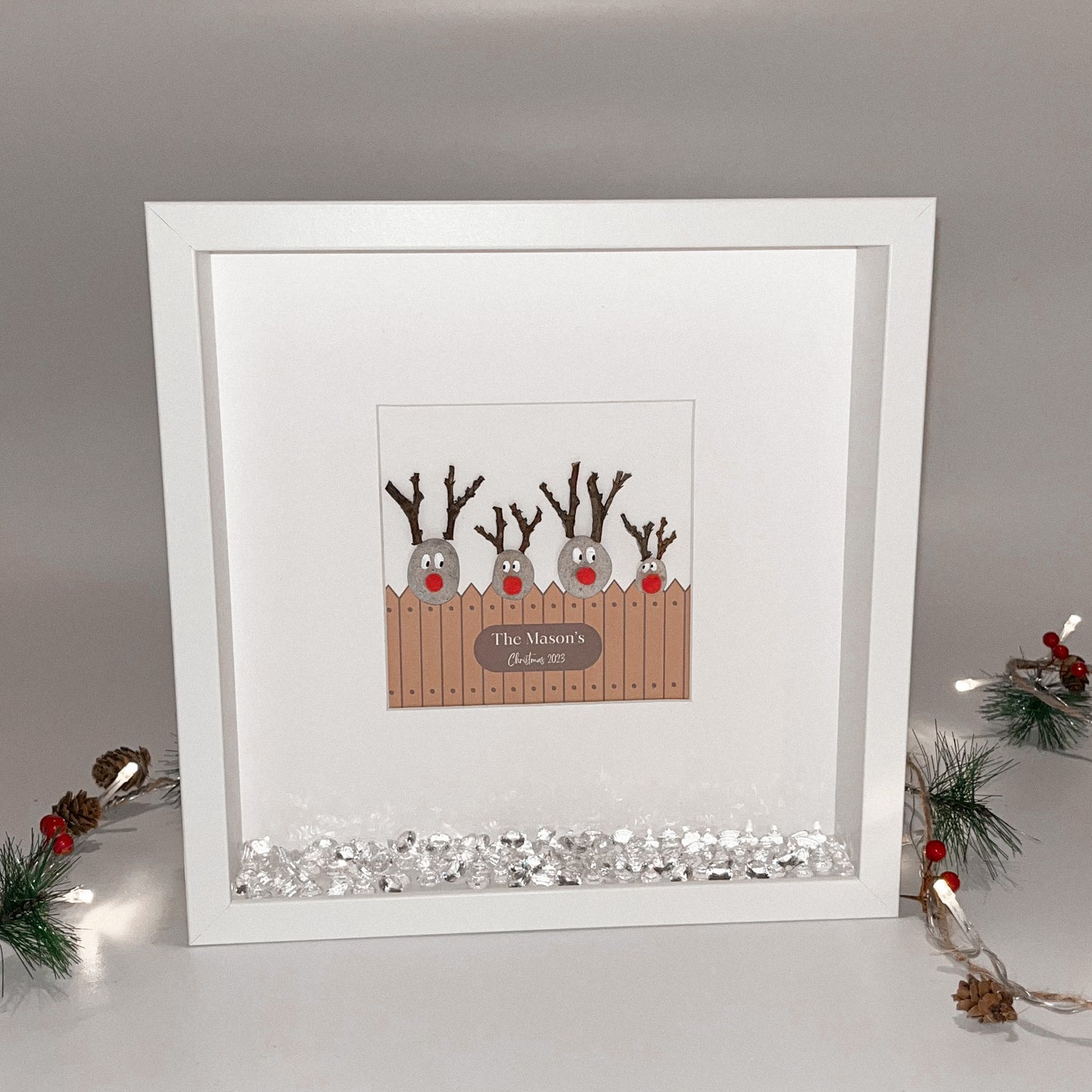 Reindeer Christmas personalised pebble art picture stone people frame xmas