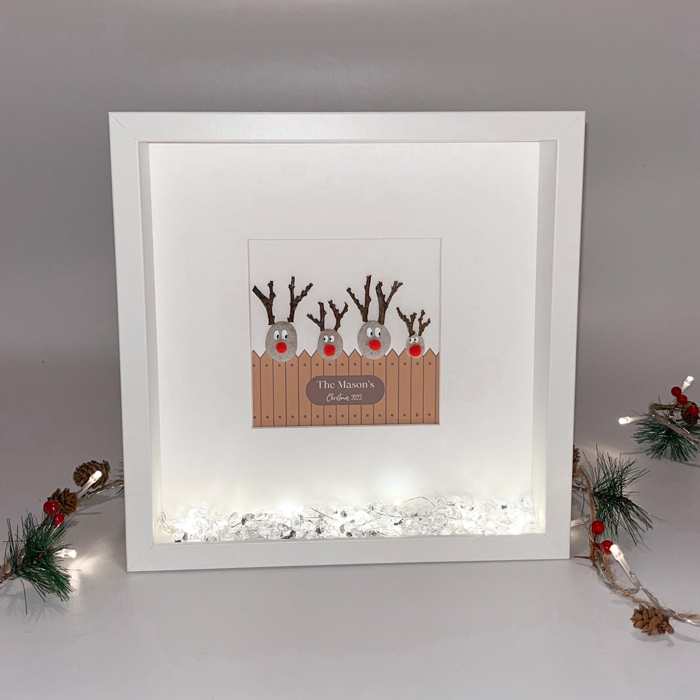 Reindeer Christmas personalised pebble art picture stone people frame xmas