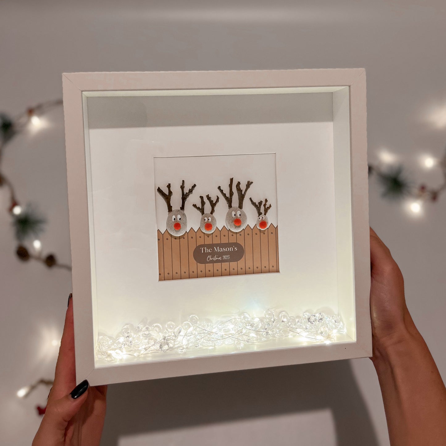 Reindeer Christmas personalised pebble art picture stone people frame xmas