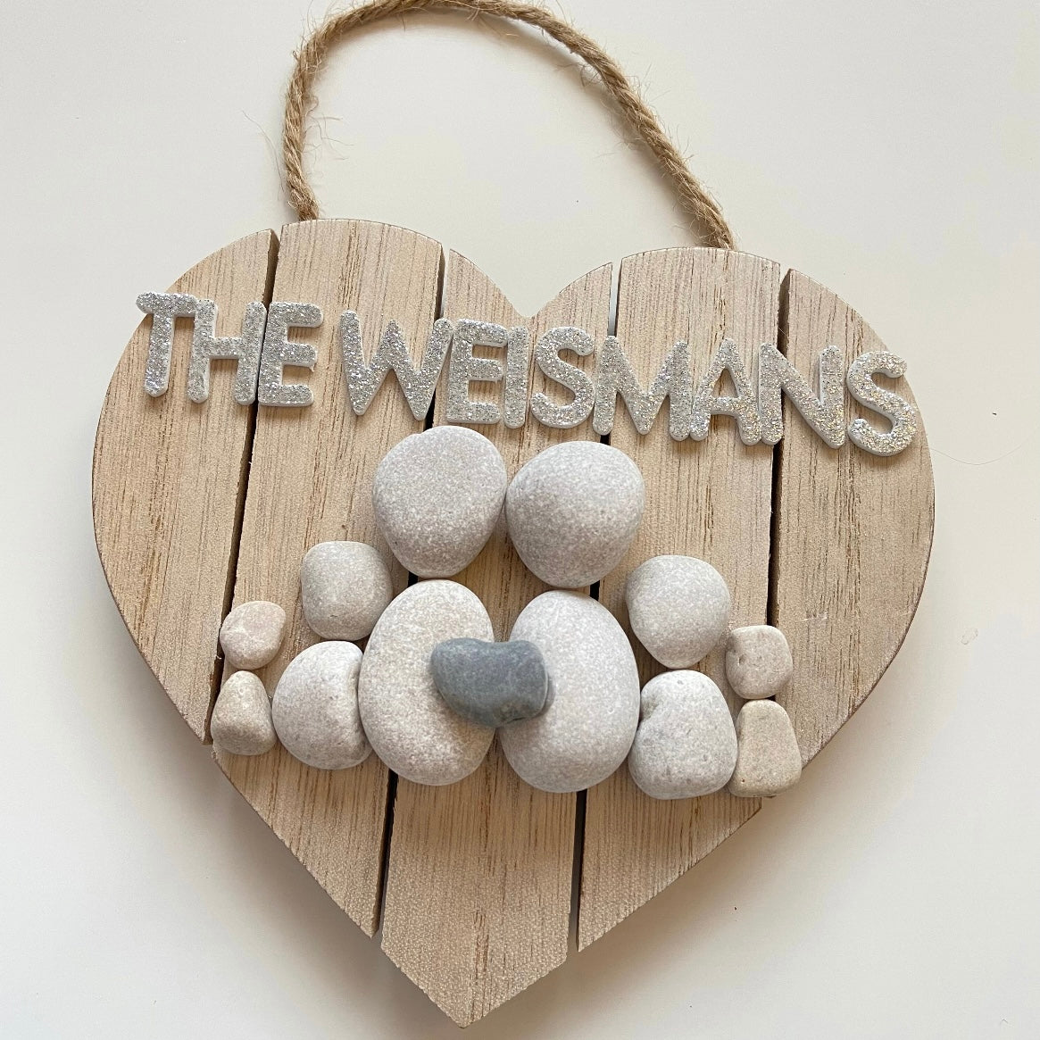 Family heart name hanging heart plaque pebble art gift