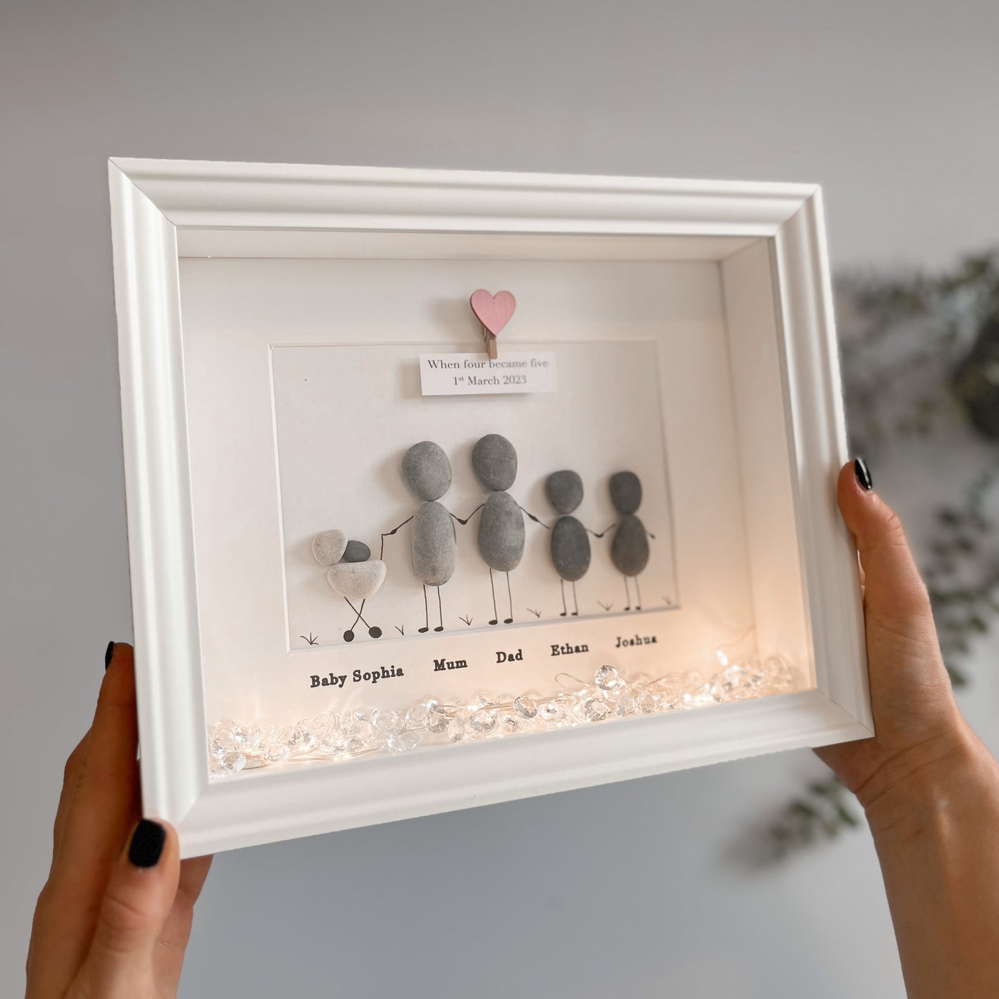 Family with pram pebble art stone picture frame