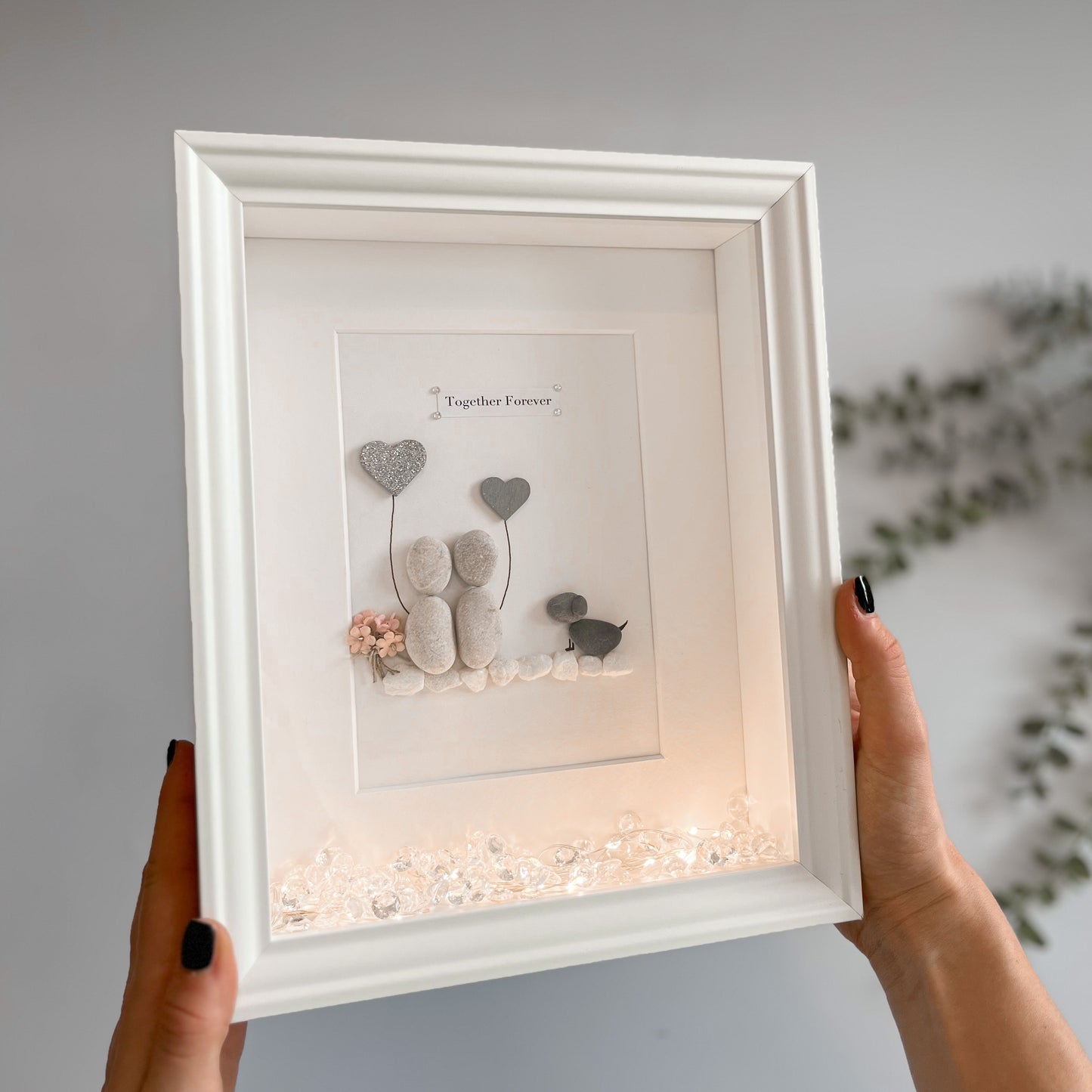 Couples personalised pebble art picture frame with dog