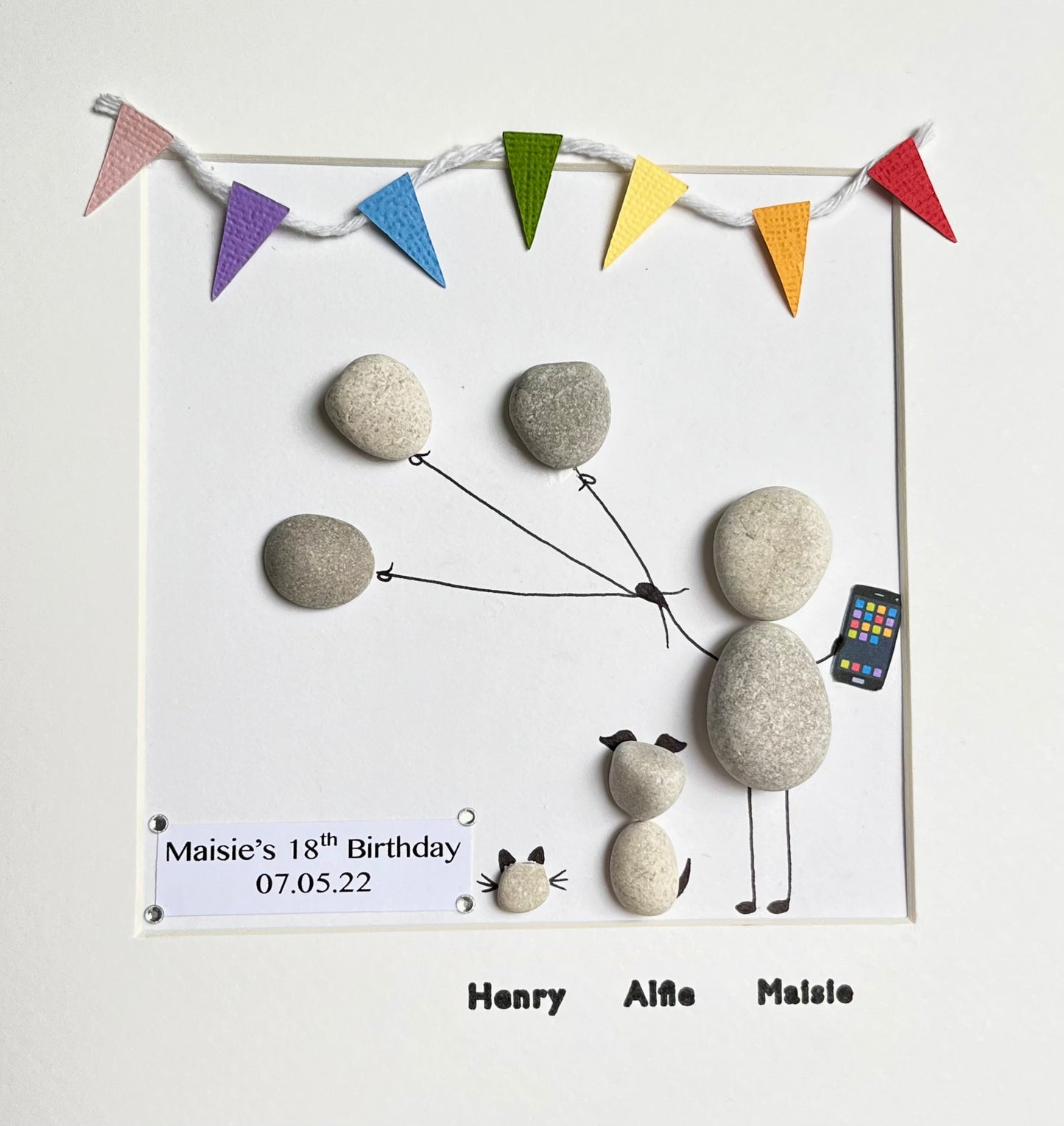 Birthday bunting pebble art picture frame