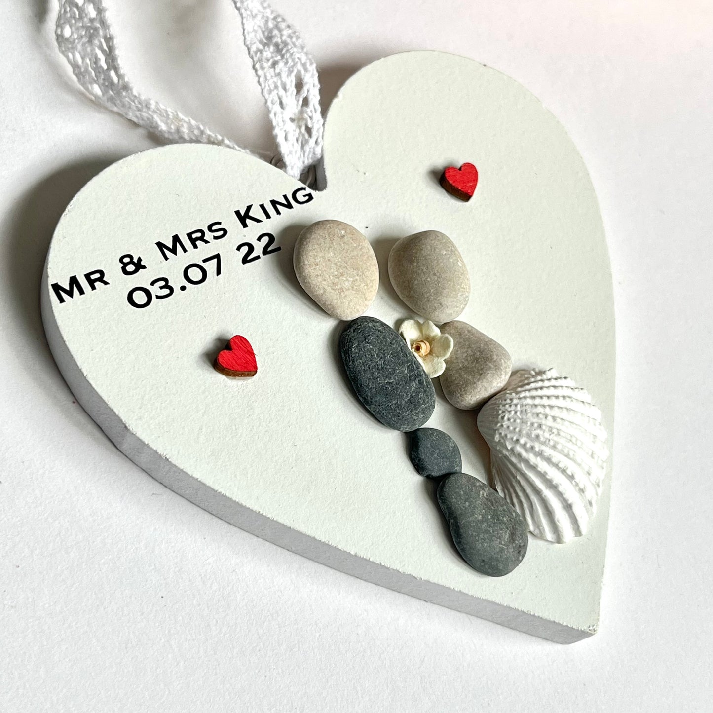 Wedding hanging heart pebble art personalised decoration