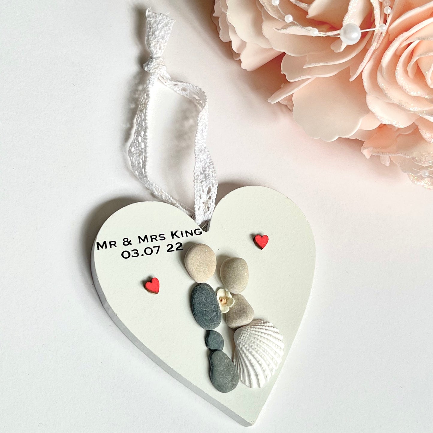 Wedding hanging heart pebble art personalised decoration