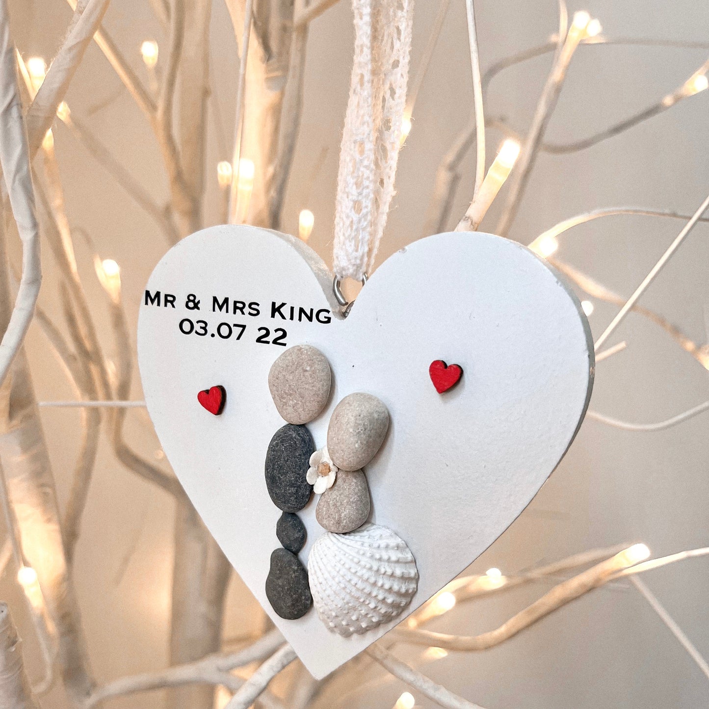 Wedding hanging heart pebble art personalised decoration