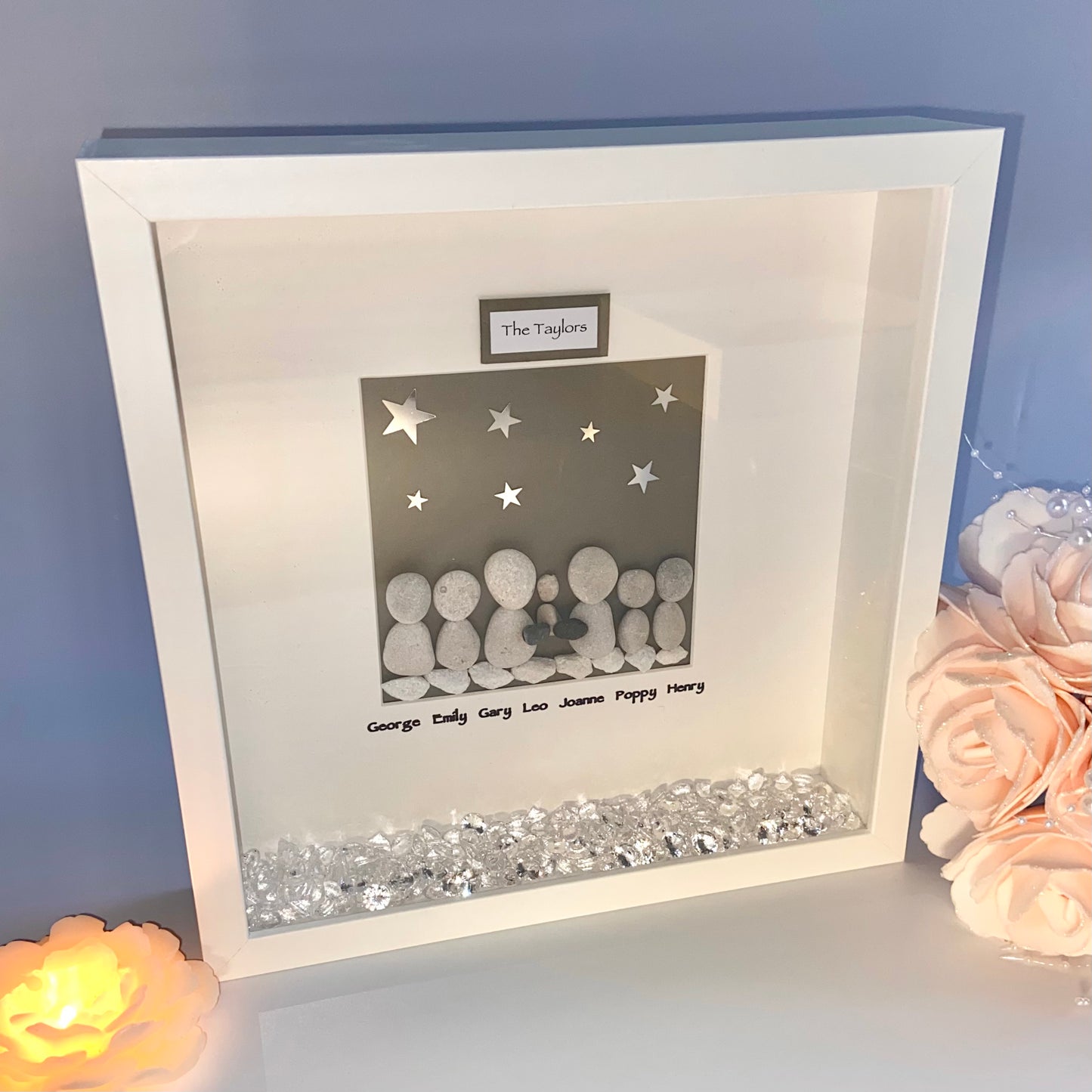 Starry night family personalised pebble art picture frame