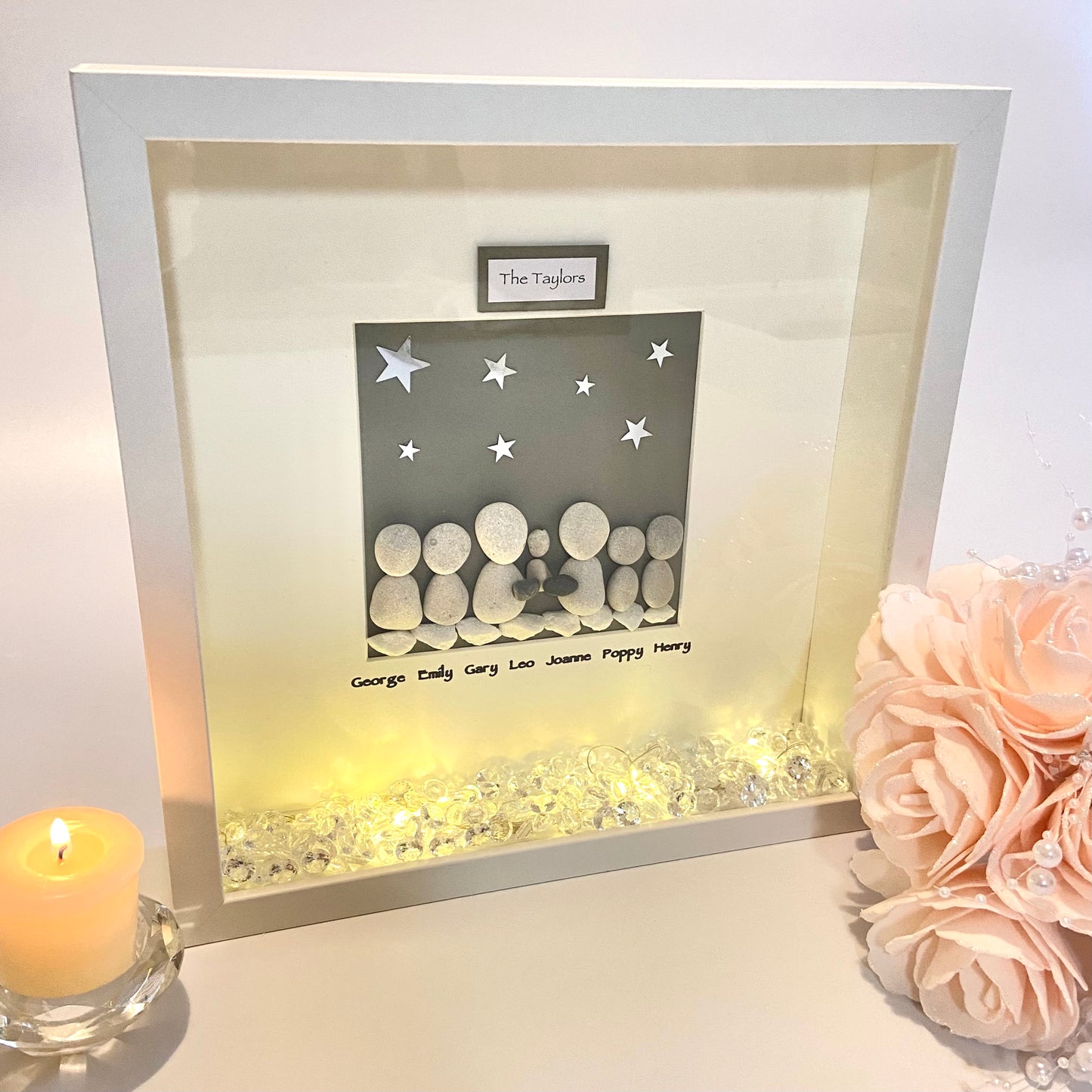 Starry night family personalised pebble art picture frame