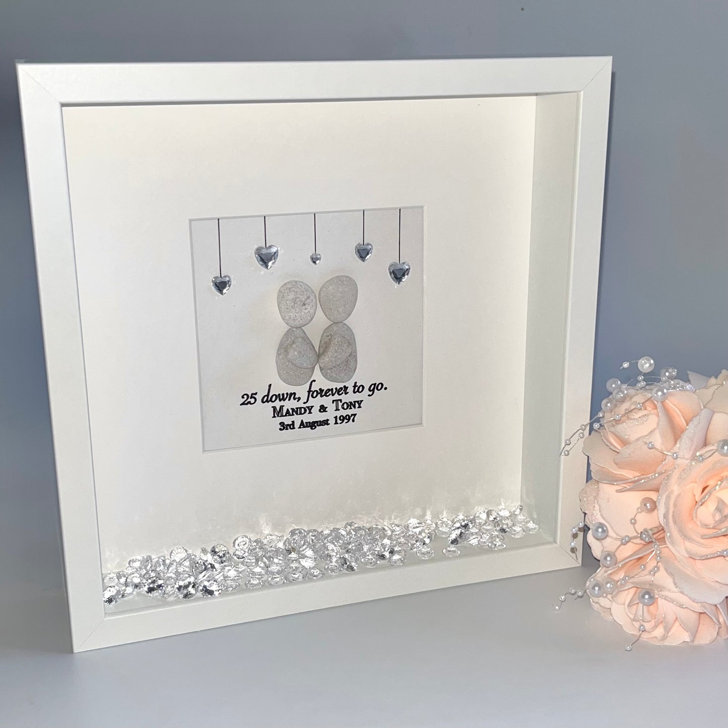 Silver wedding anniversary personalised pebble art picture frame