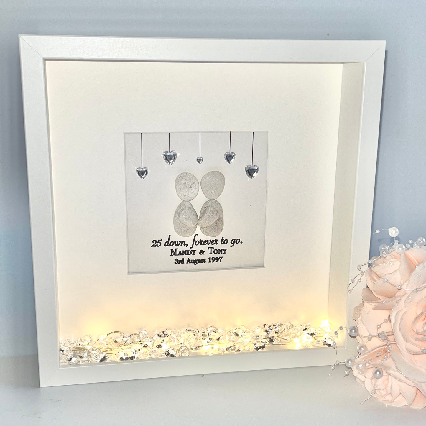 Silver wedding anniversary personalised pebble art picture frame