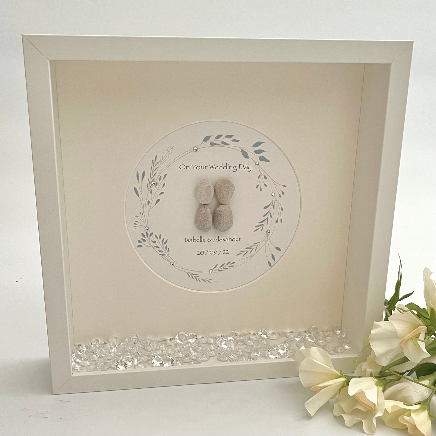 Wedding wreath personalised pebble art picture frame