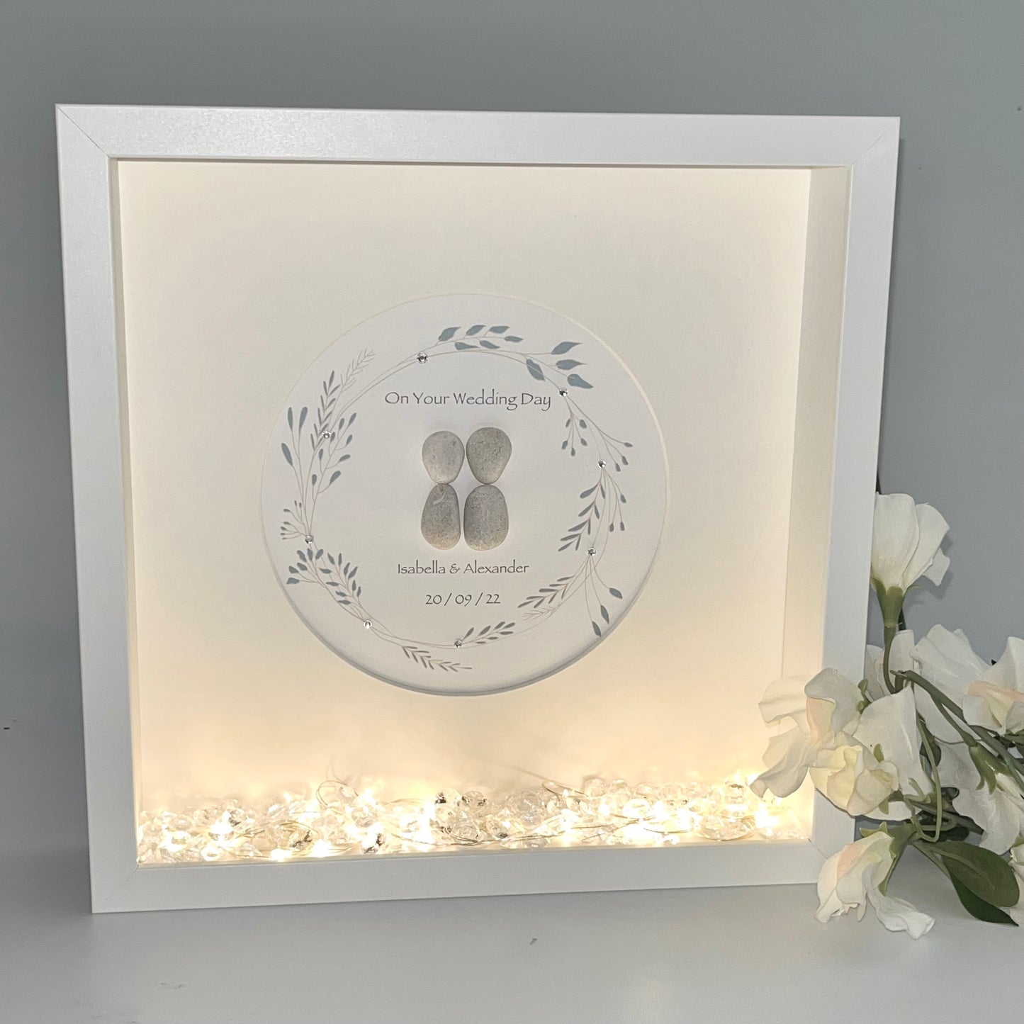 Wedding wreath personalised pebble art picture frame