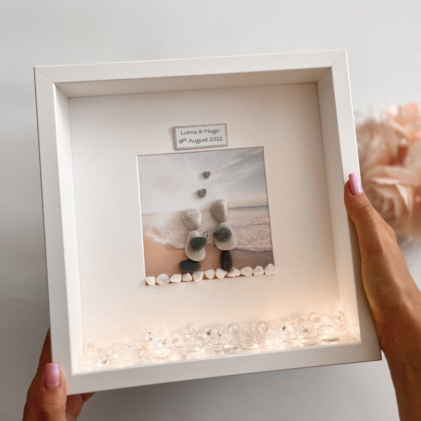 Beach Engagement personalised pebble art picture frame