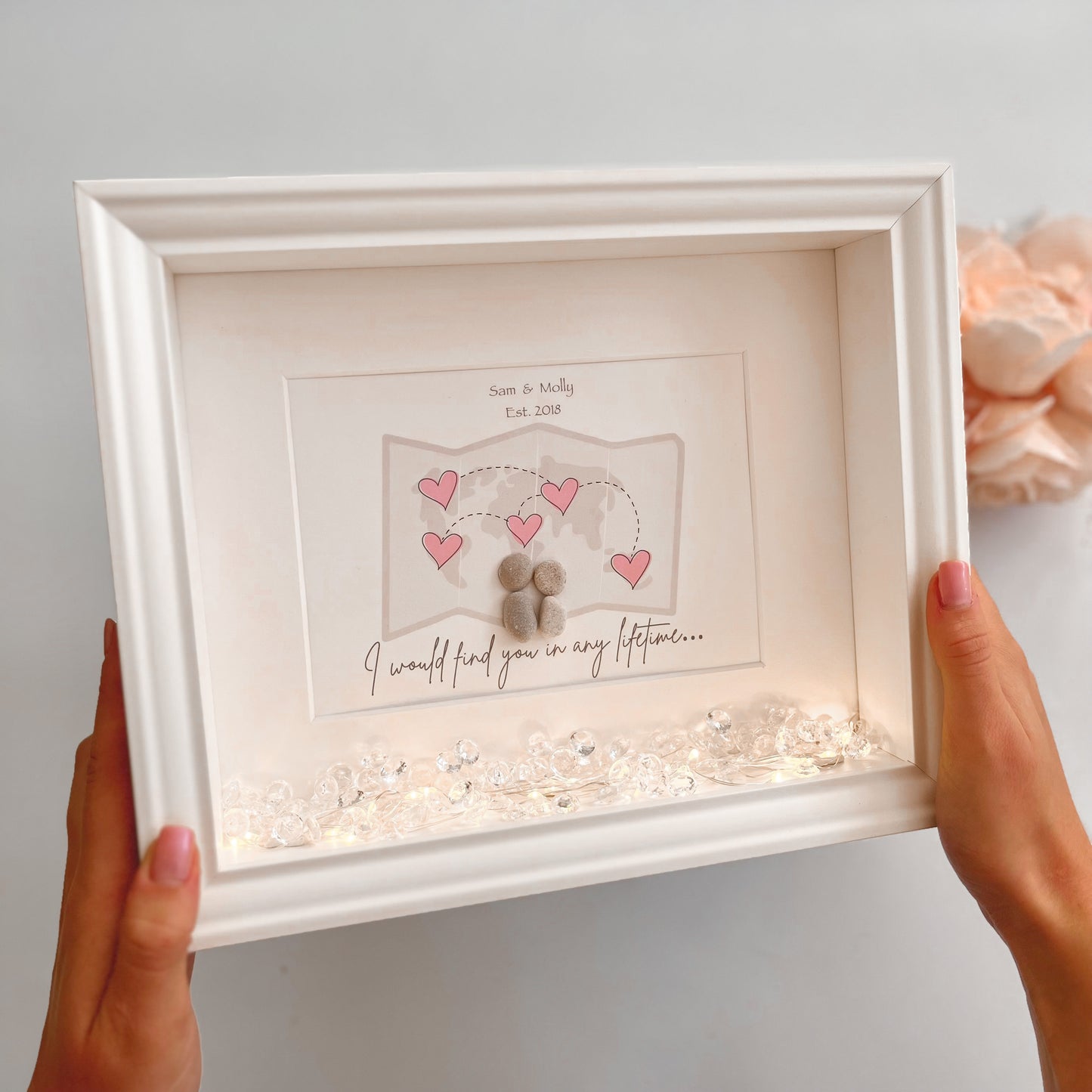 Long distance couples personalised pebble art picture frame