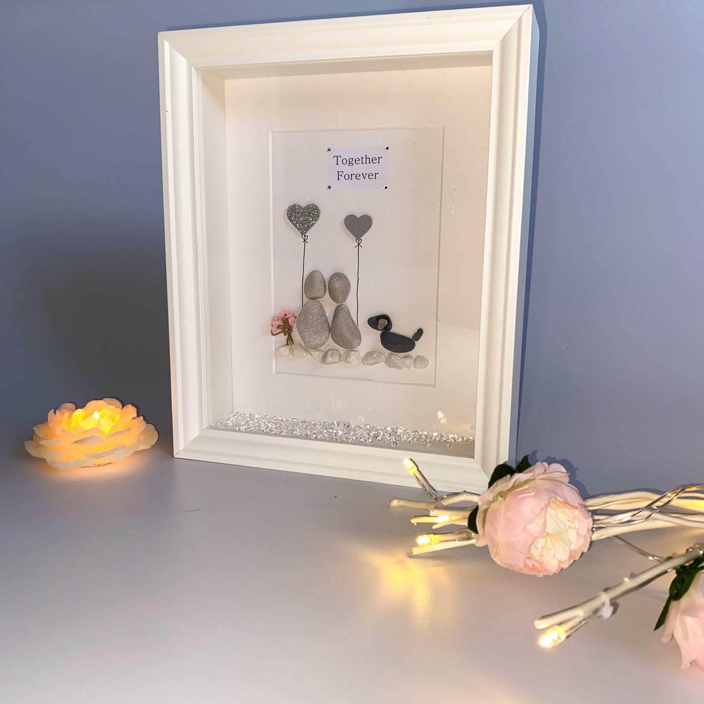 Couples personalised pebble art picture frame with dog