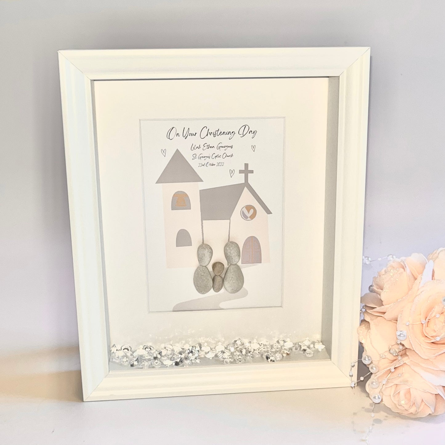 Christening personalised pebble art picture custom frame gift