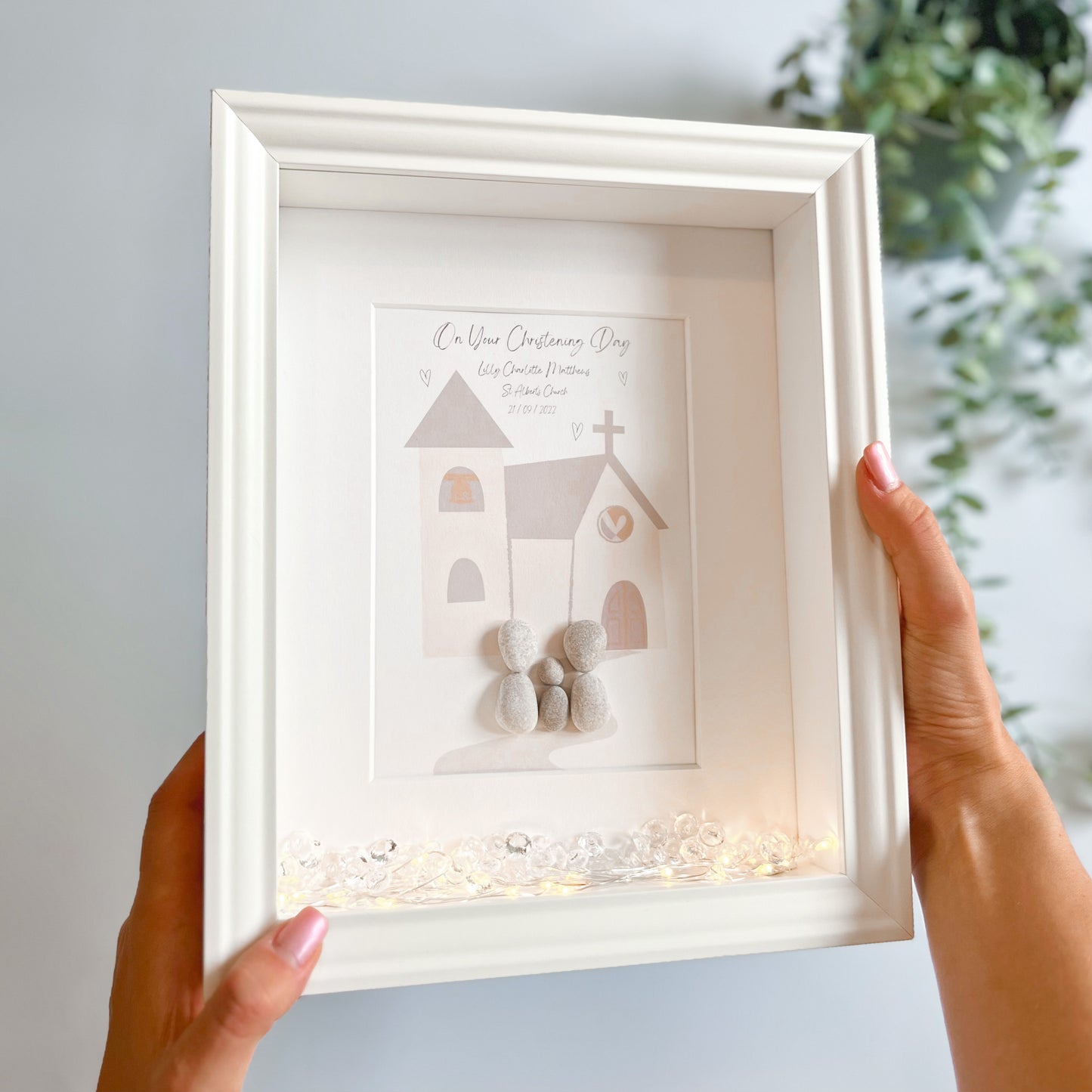 Christening personalised pebble art picture custom frame gift