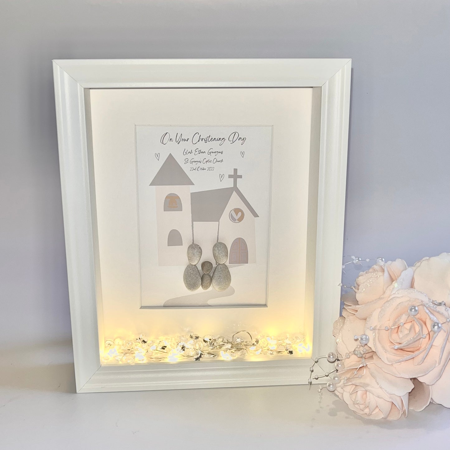 Christening personalised pebble art picture custom frame gift