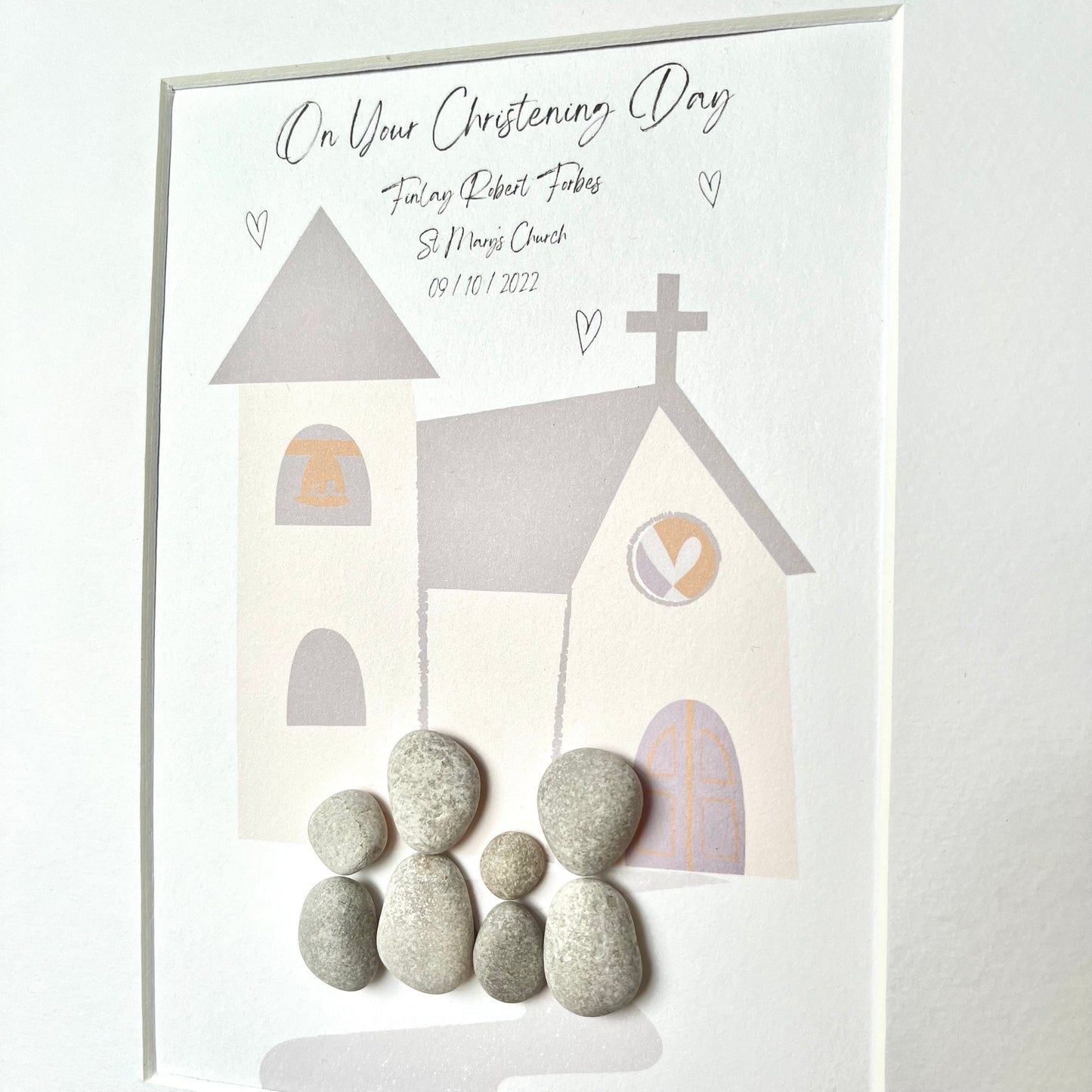 Christening personalised pebble art picture custom frame gift