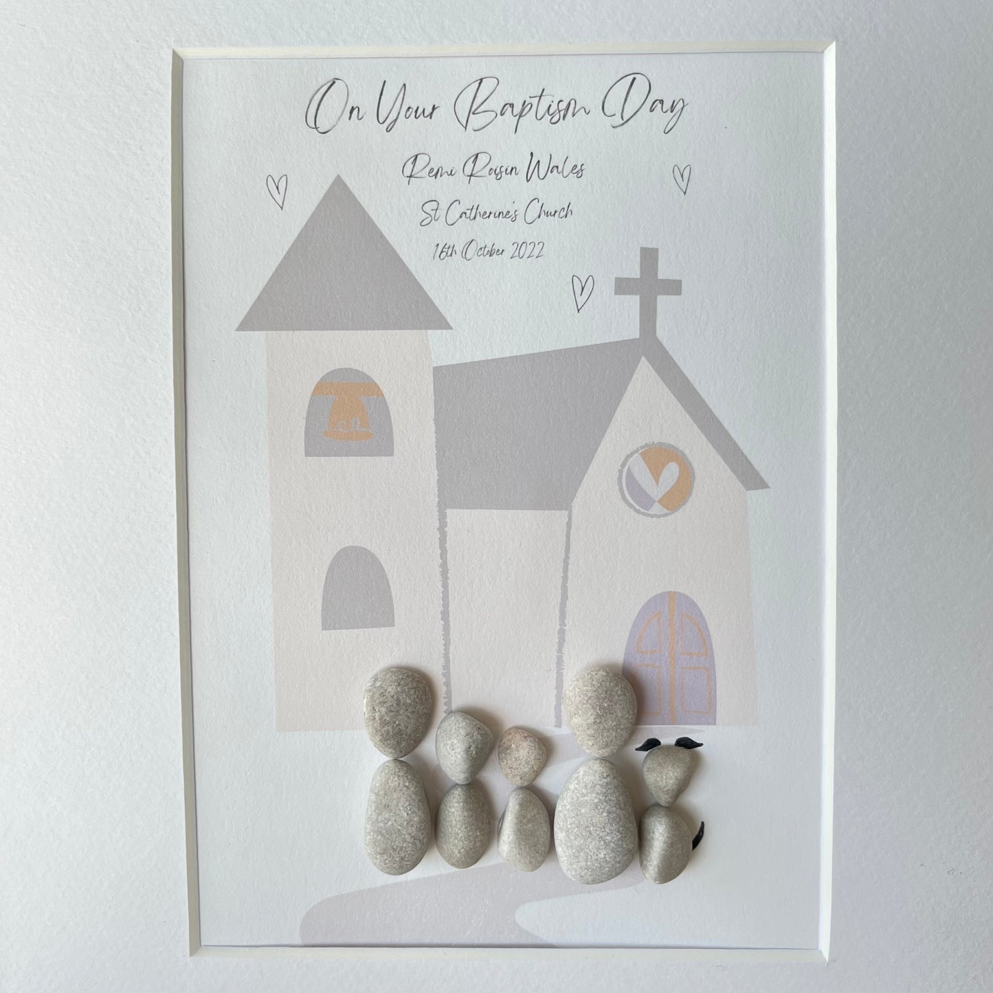 Christening personalised pebble art picture custom frame gift